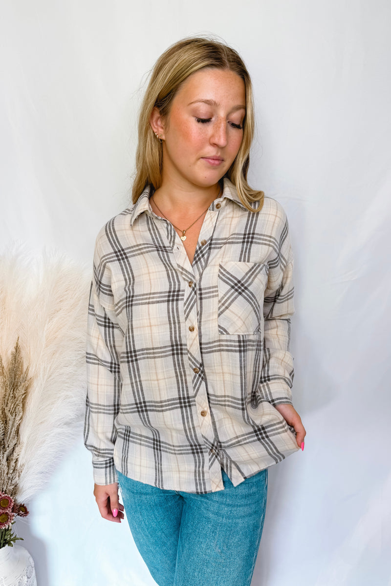 Slow Evening Plaid Button Down Flannel - Ivory/Grey