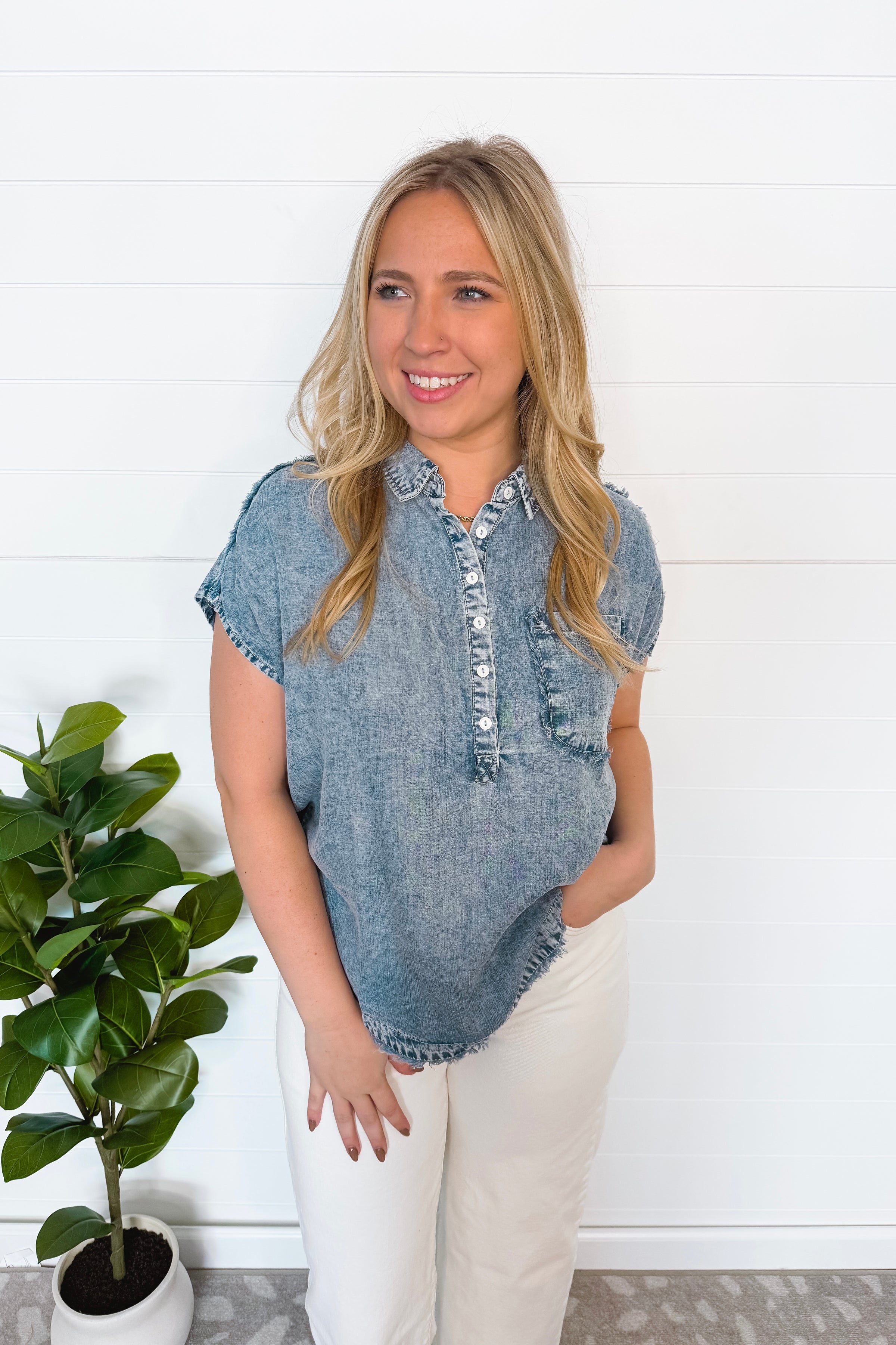 Sunny Love Chambray Henley Top - Light