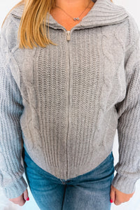 Grey Days Zip Up Cable Knit Sweater - Grey