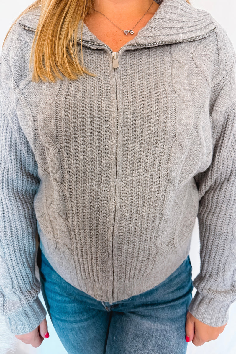 Grey Days Zip Up Cable Knit Sweater - Grey