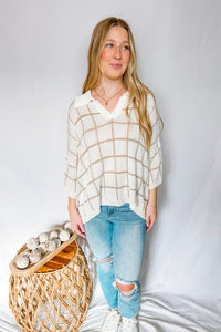 Latte Love Checkered V-Neck Pullover - Ivory/Taupe