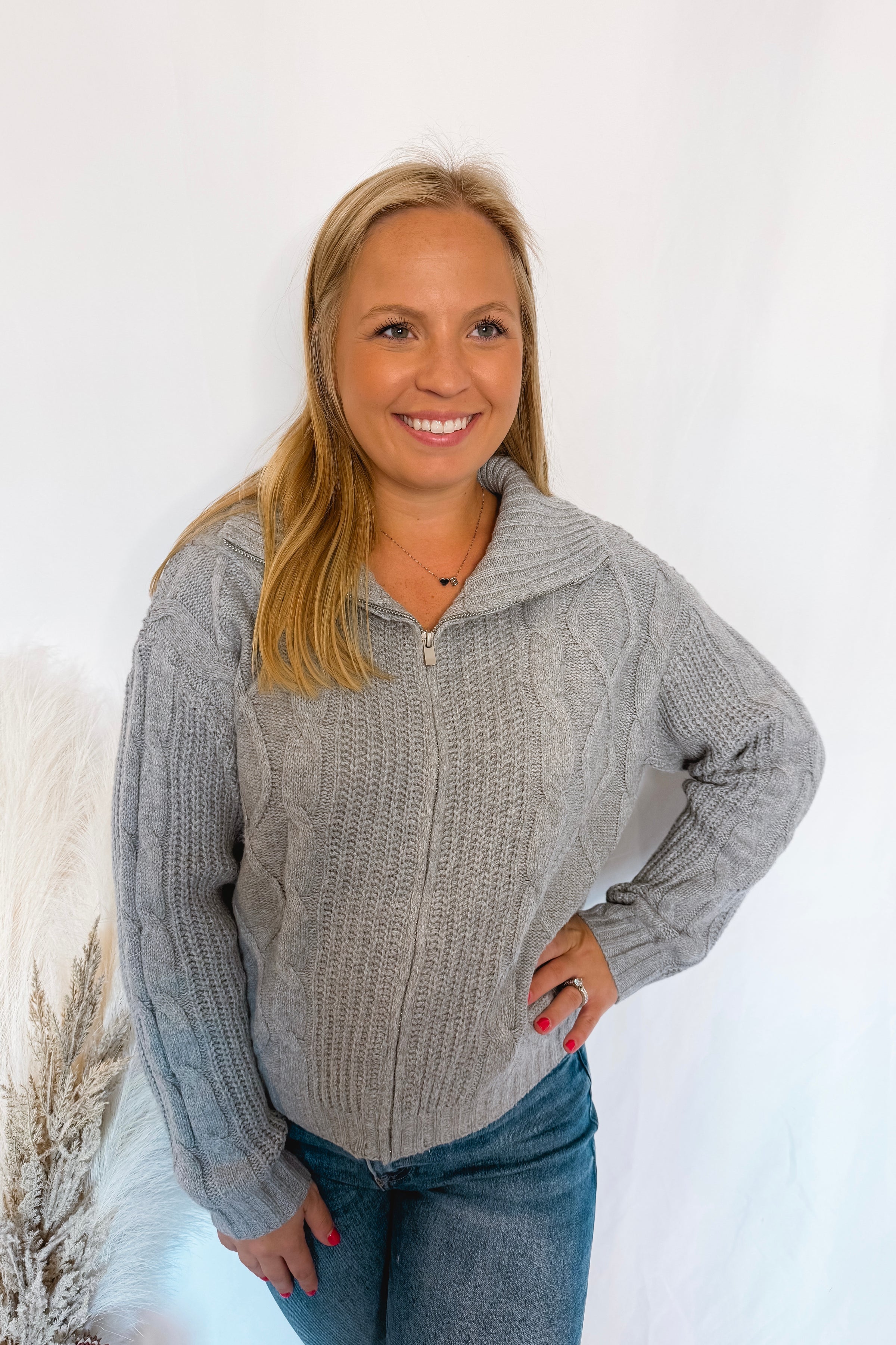 Grey Days Zip Up Cable Knit Sweater - Grey