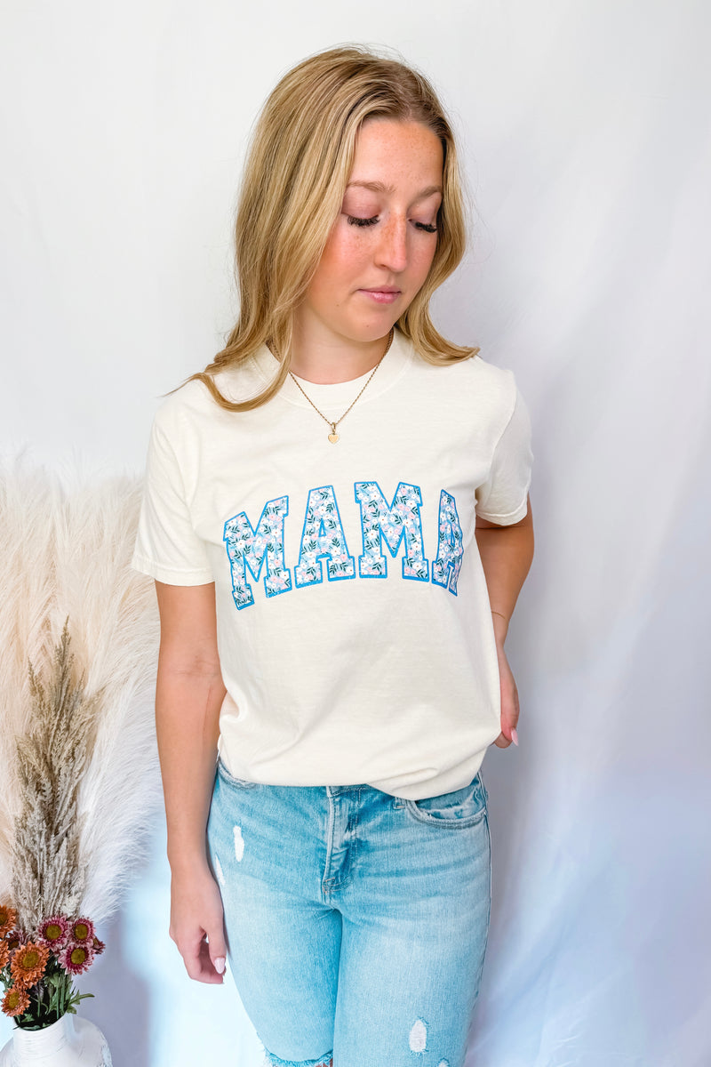 Blue Flower Mama Graphic Tee - Cream