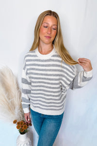 Soft Focus Mixed Striped Crew Neck Sweater - Ivory/Grey