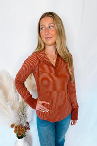 Hot Cider Striped Henley Hoodie - Rust