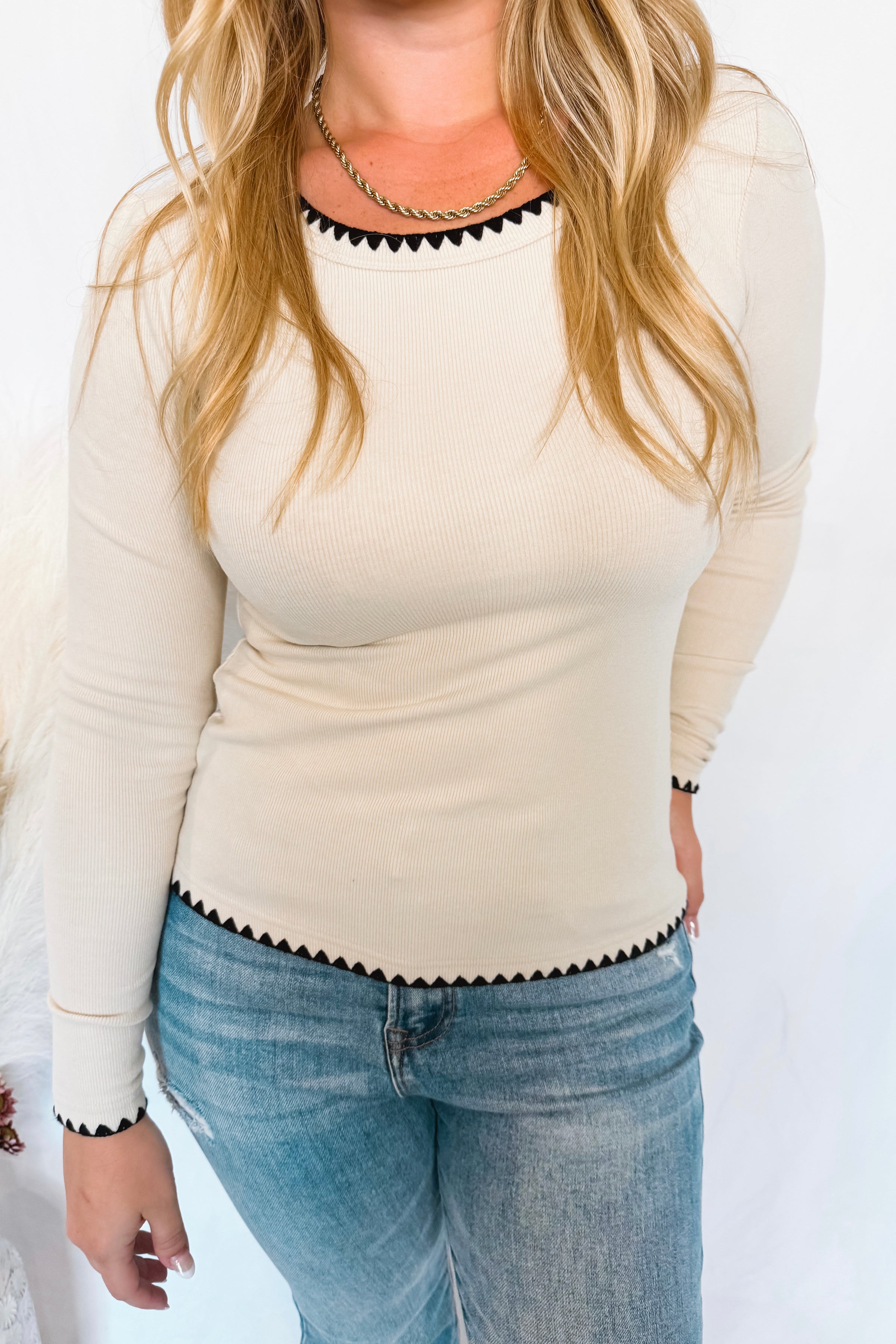 Follow Me Embroidery Stitched Top - Ivory/Black