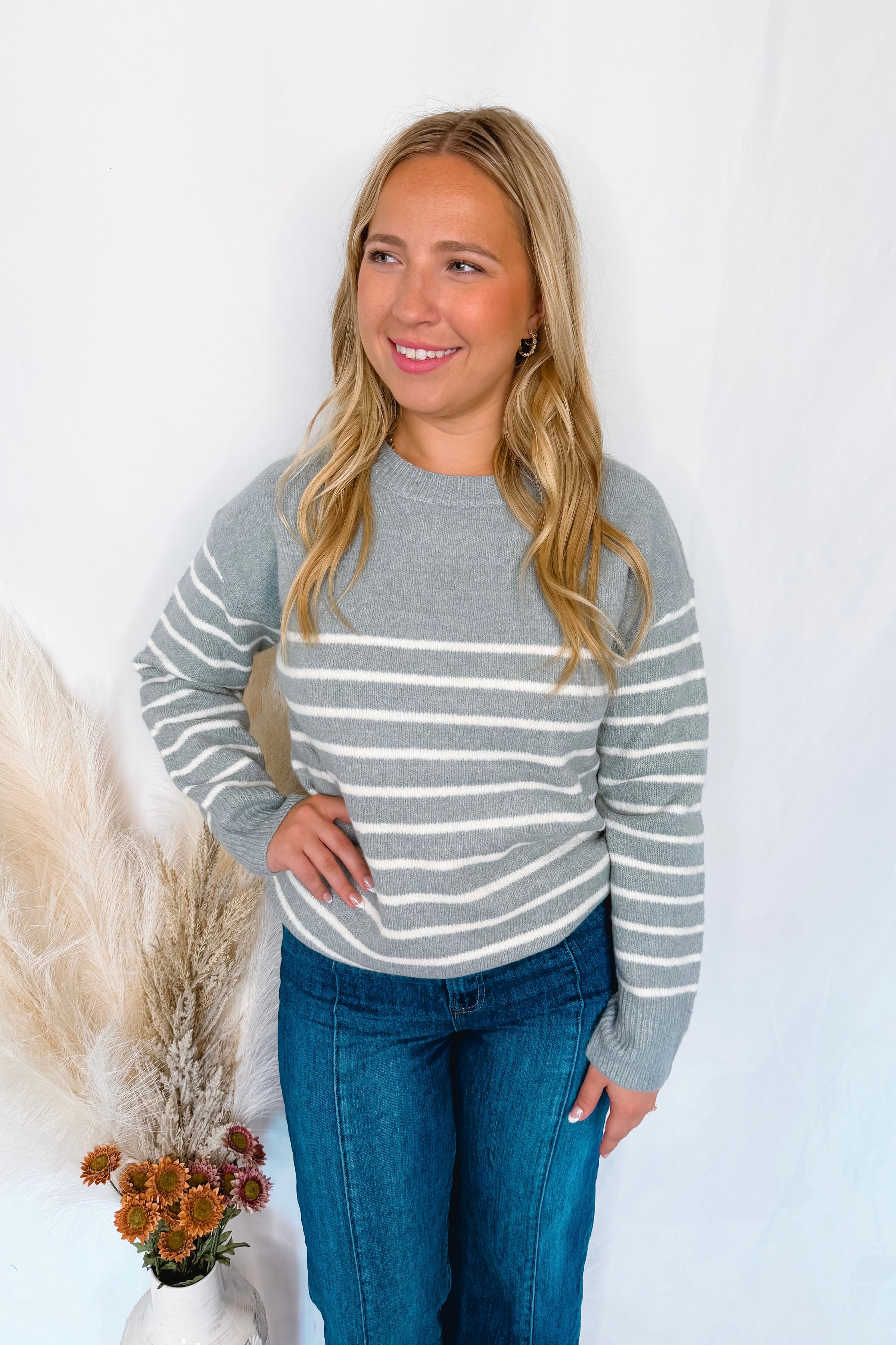High Energy Striped Crew Neck Sweater - Dusty Blue