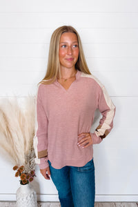 Fall Days Textured Long Sleeve Top - Pink/Cream