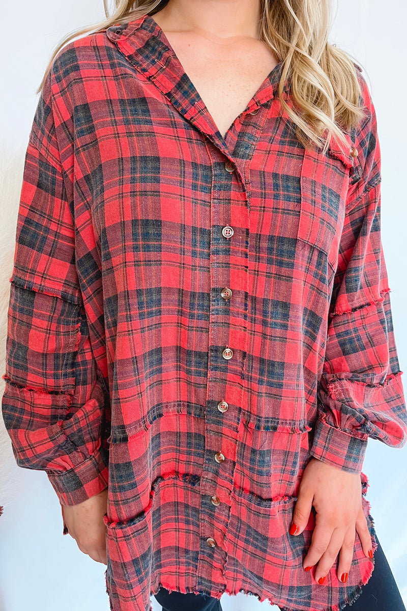 Aspen Oversized Button Down Flannel - Red