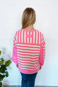 Stylish Staple Striped Henley Top - Pink