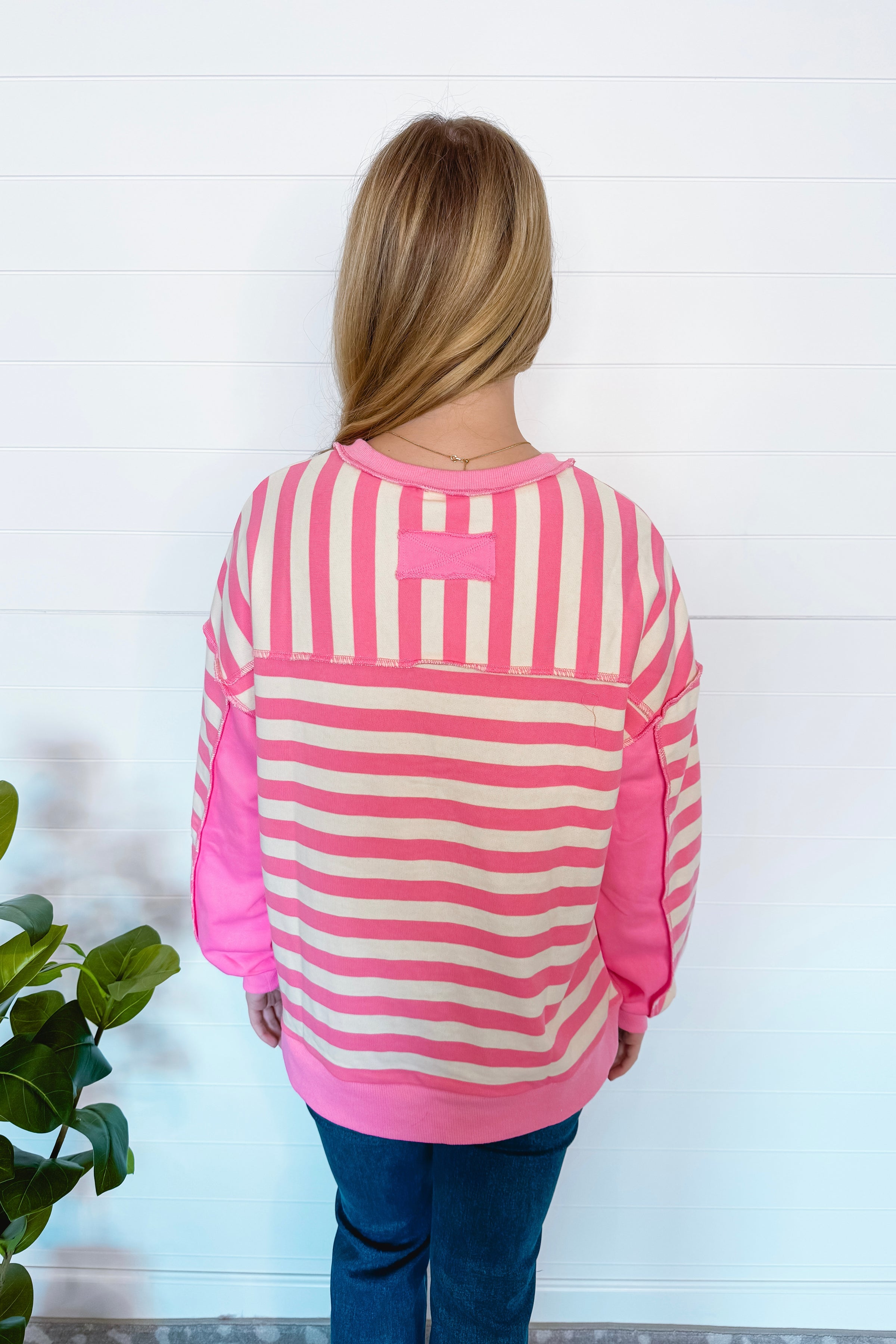 Stylish Staple Striped Henley Top - Pink
