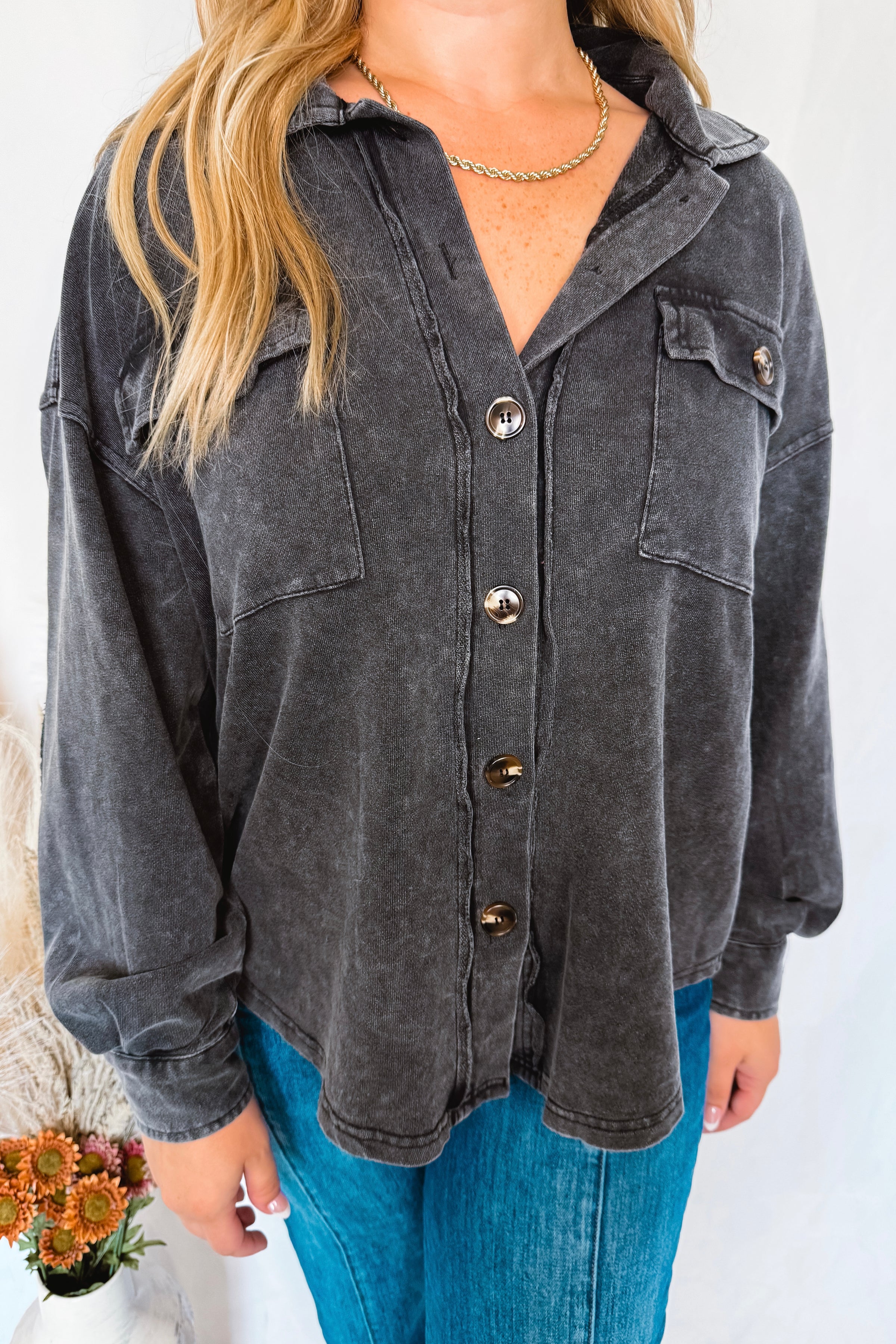 Cabin Chill Mineral Washed Button Down Top - Black