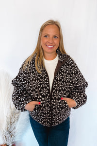 Mountain Views Snowflake Zip-Up Sherpa Jacket - Brown