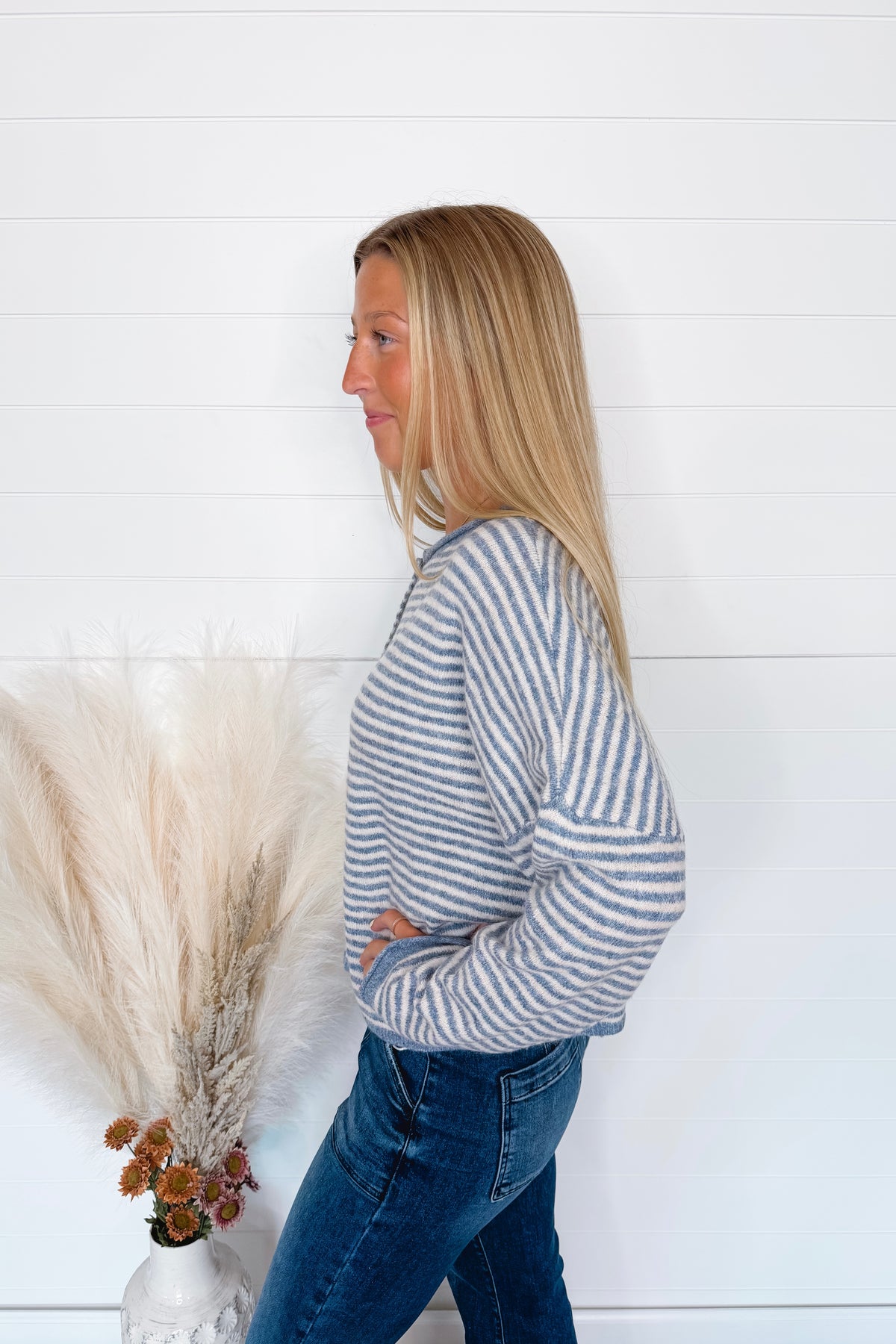 Gwen Lightweight Striped Button Sweater - Dusty Blue/Ivory