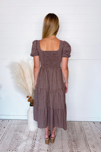 Full Of Grace Plaid Puff Sleeve Midi Dress - Brown