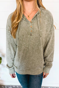 All Day Casual Mineral Washed Henley Hoodie - Olive