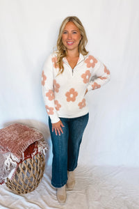 Warm Blooms Quarter Zip Sweater - Cream/Pink