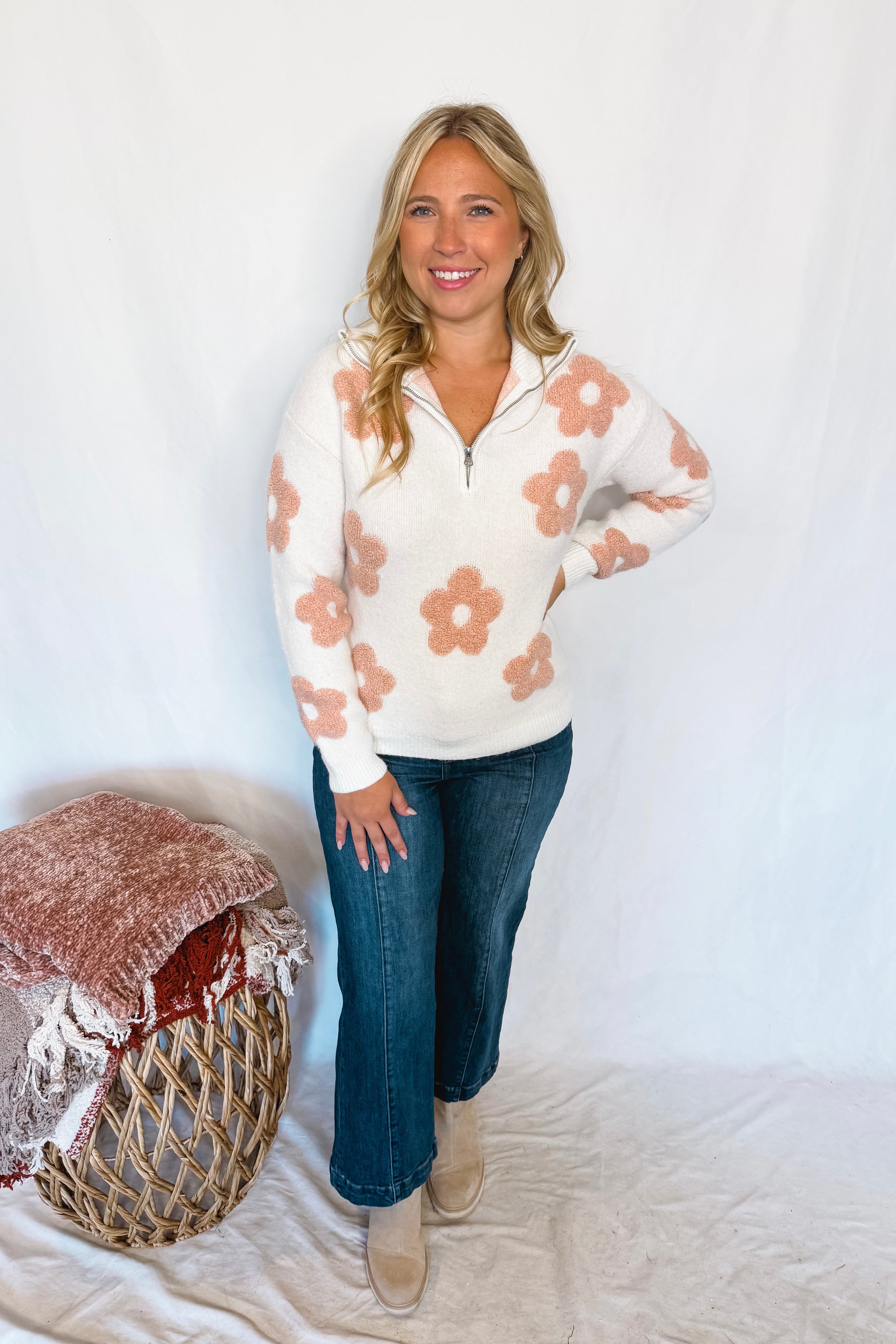 Warm Blooms Quarter Zip Sweater - Cream/Pink