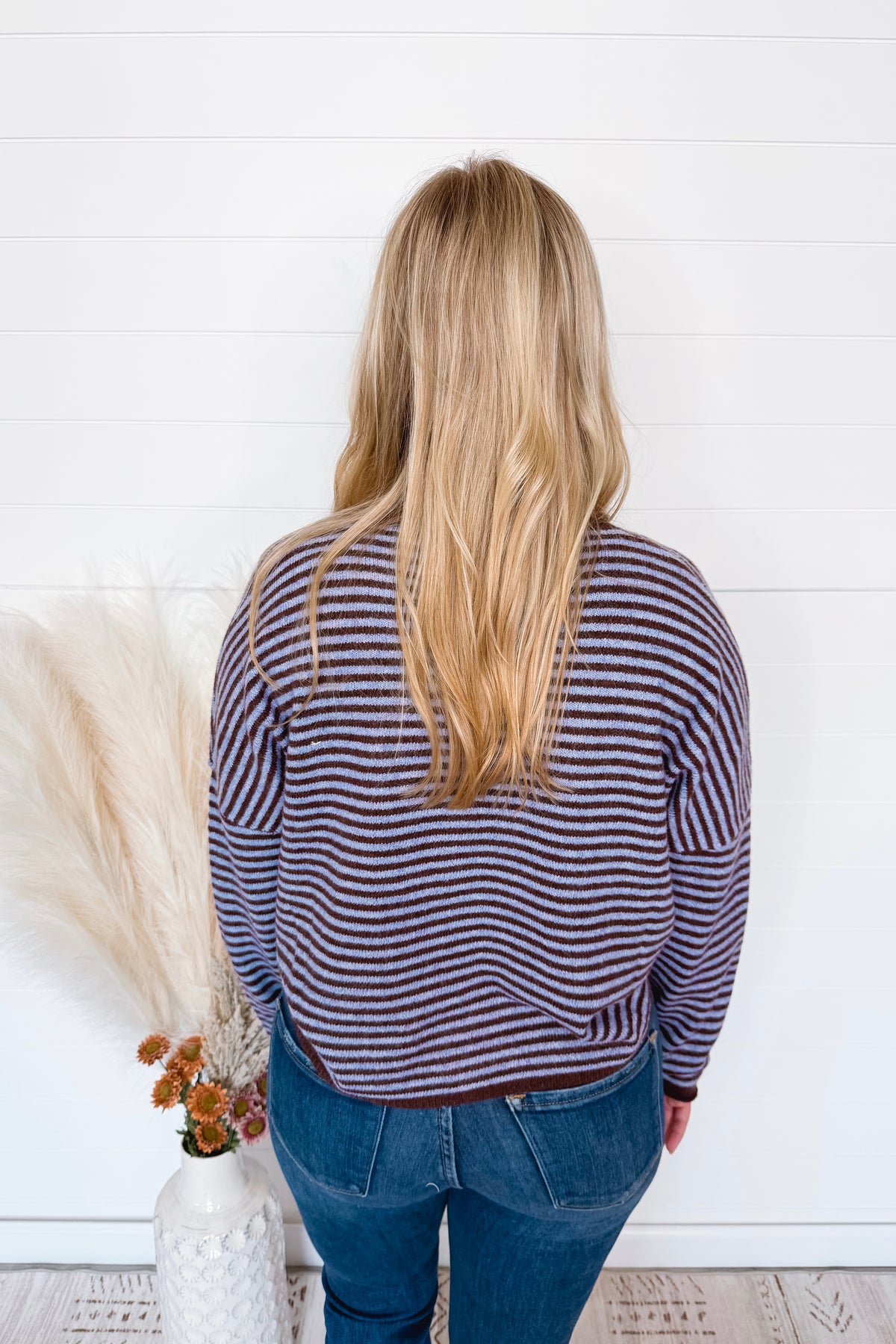 Gwen Lightweight Striped Button Sweater - Blue/Brown