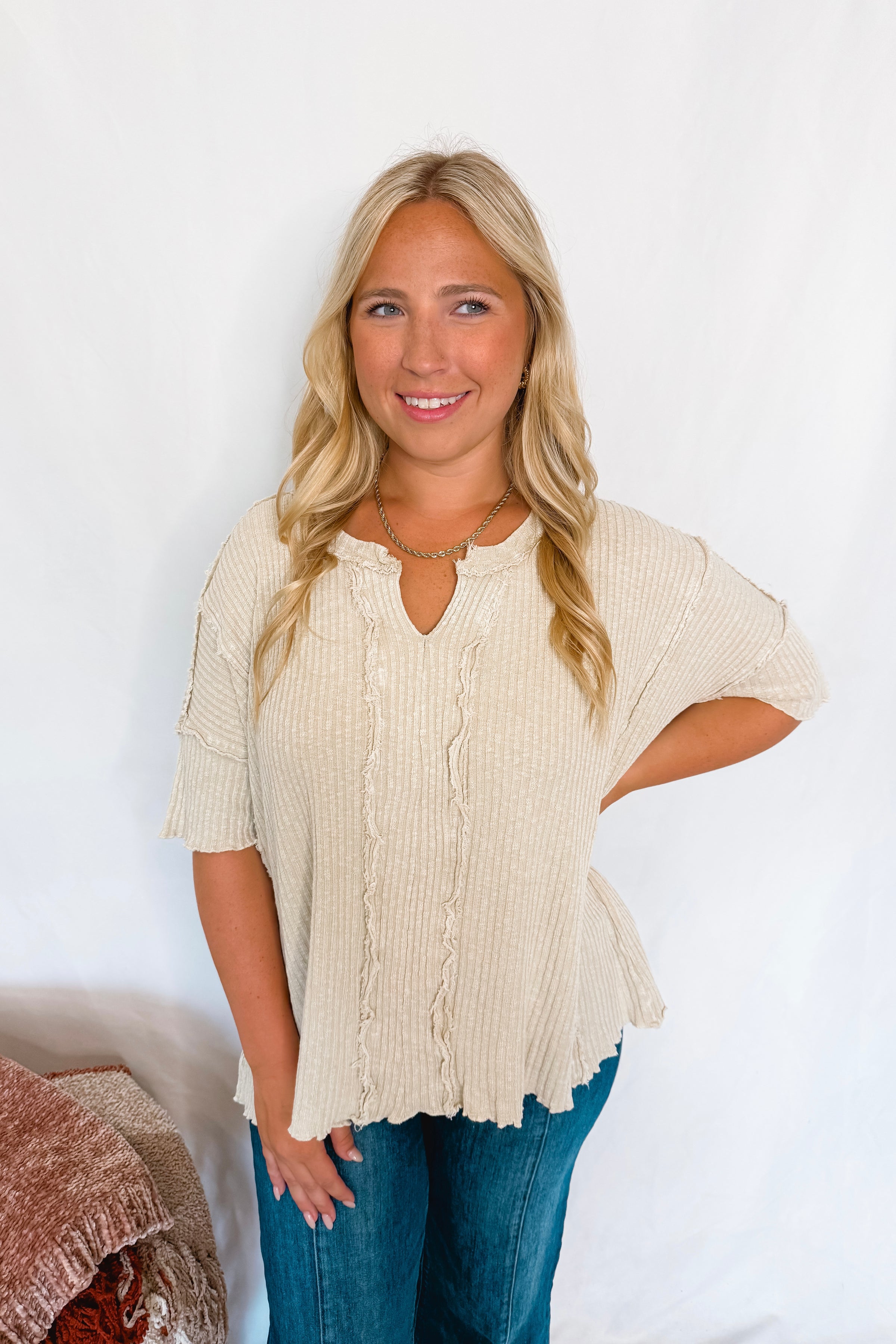 Having Fun Frayed Ribbed Top - Khaki