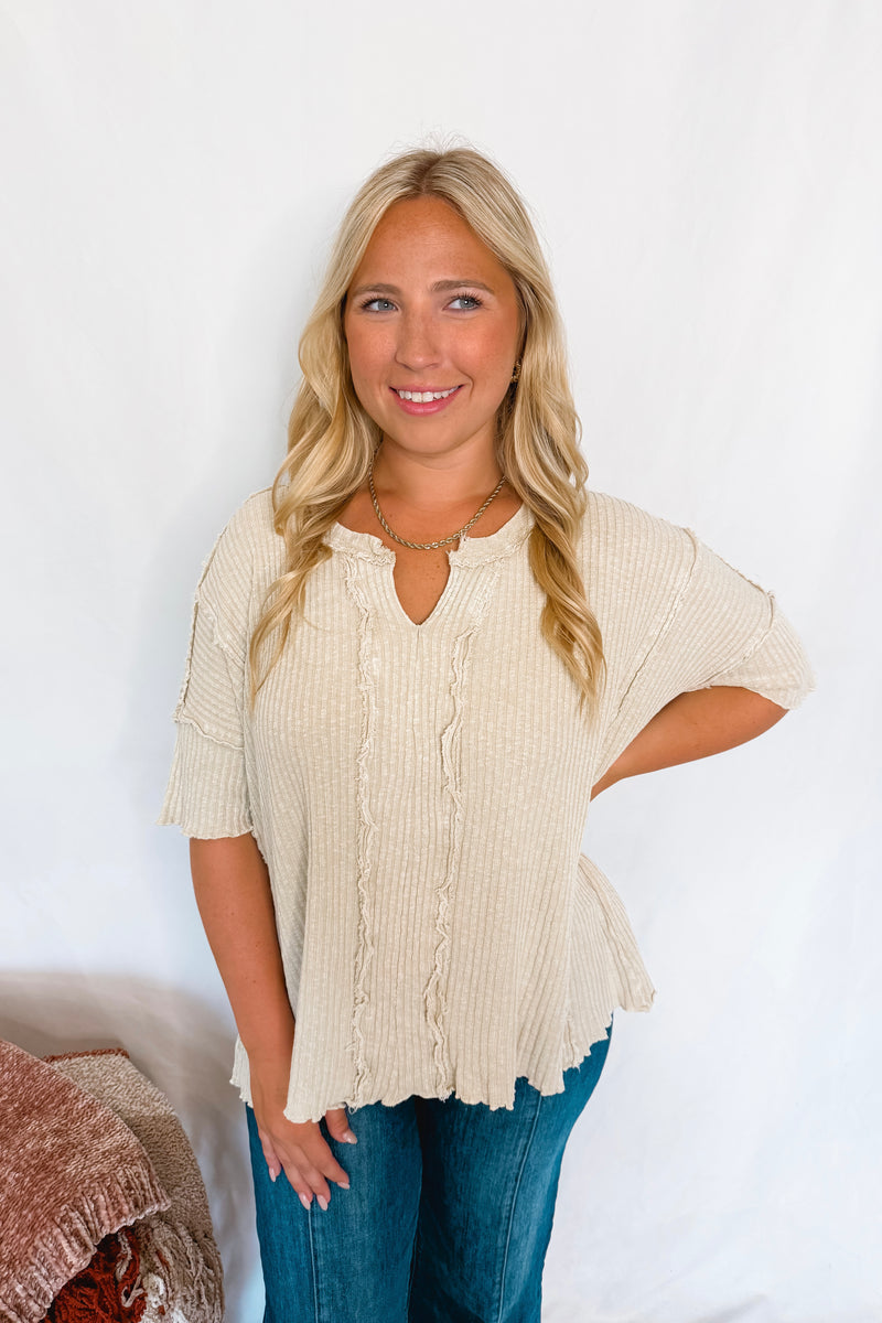 Having Fun Frayed Ribbed Top - Khaki