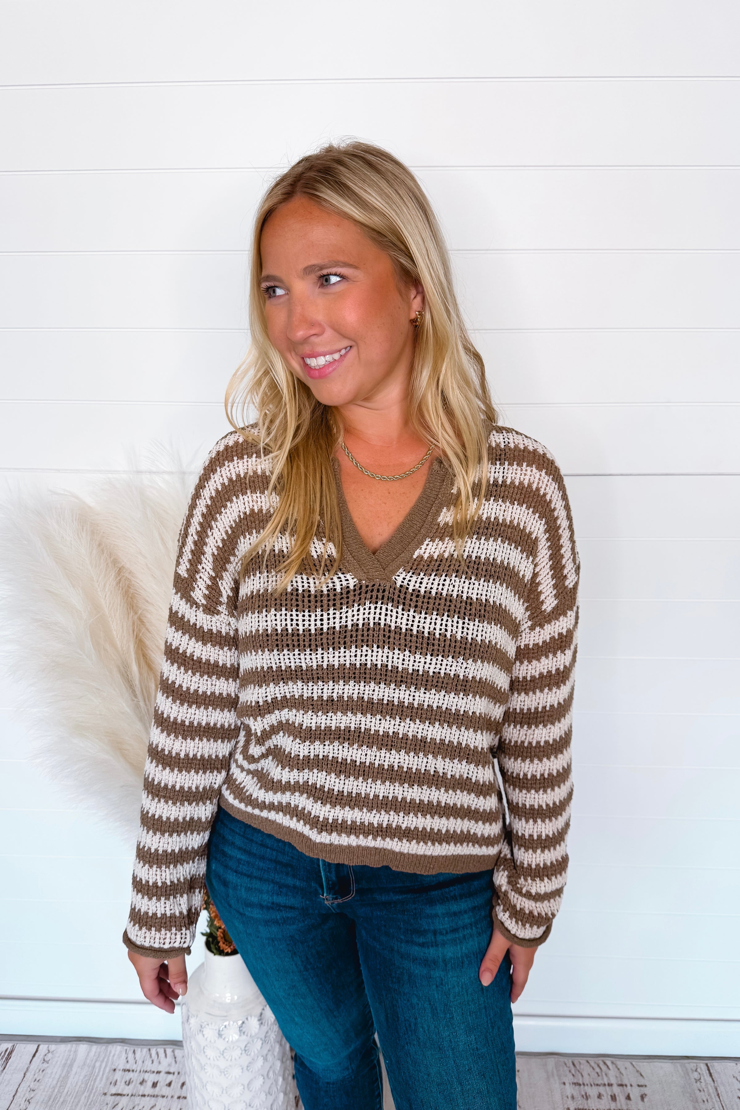 Road Trip Stripe Lightweight Sweater - Mocha/Ivory
