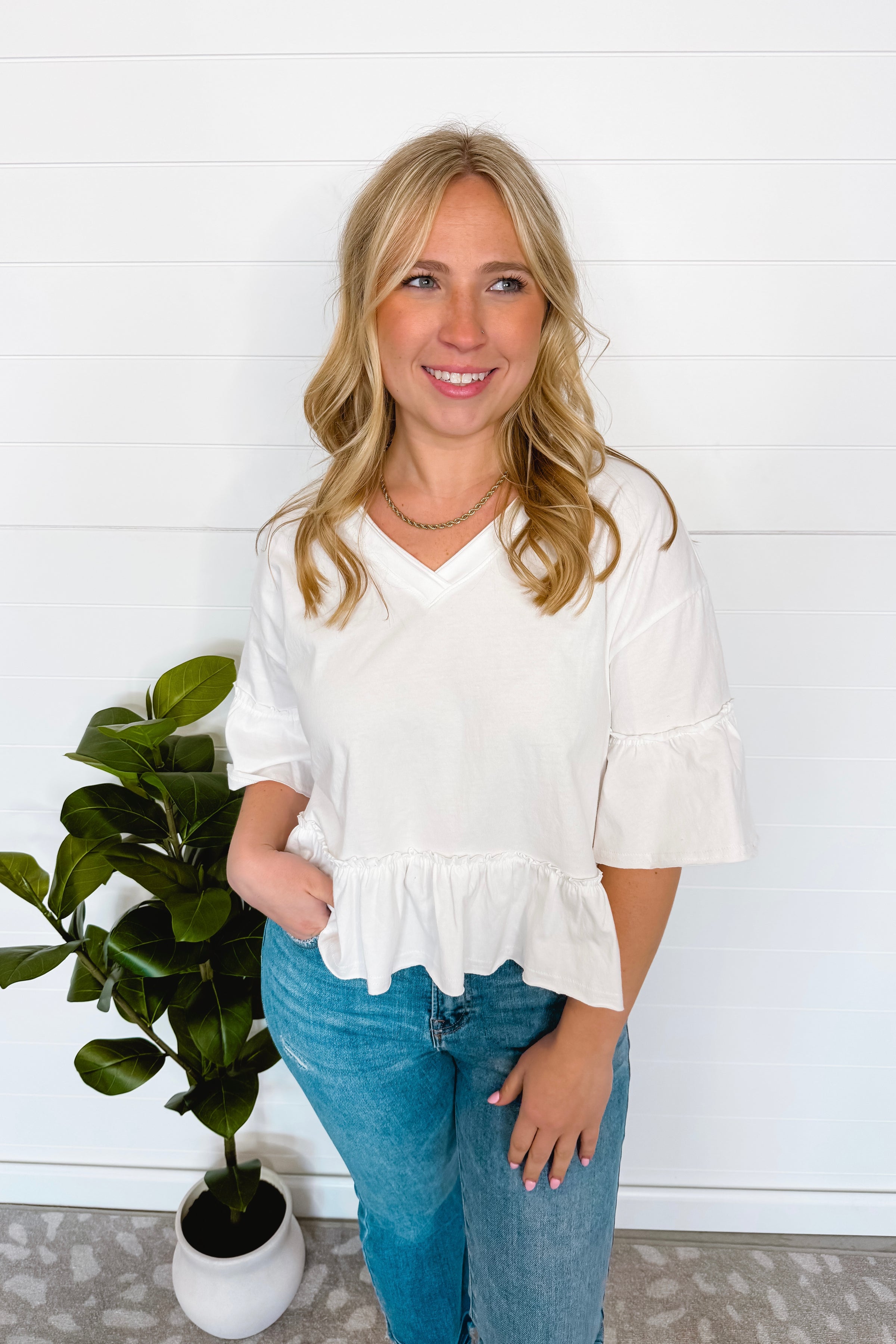 Cool And Casual Ruffle V-Neck Tee - White