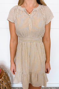 Carefree Feelings Stripe Mini Dress - Taupe/White