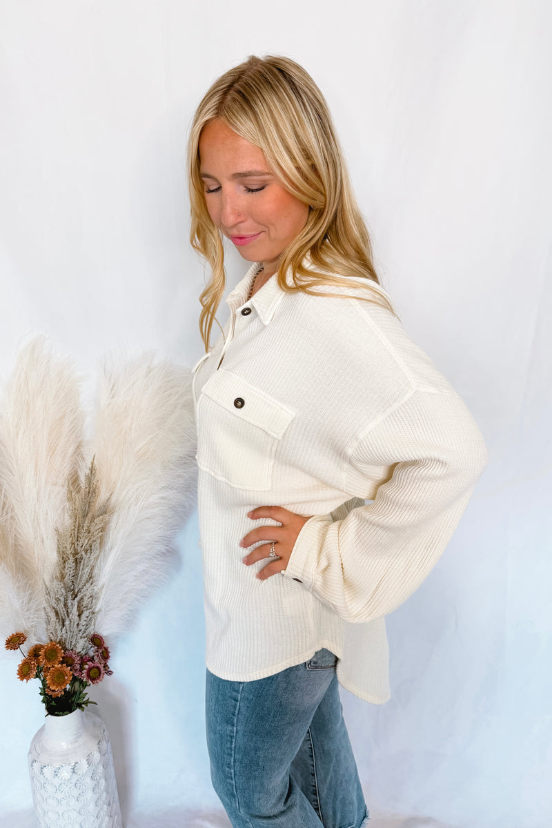Cozy Mindset Waffle Knit Button Down - Ivory