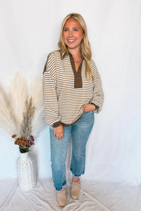 Casual Cocoa Striped Collared Top - Mocha
