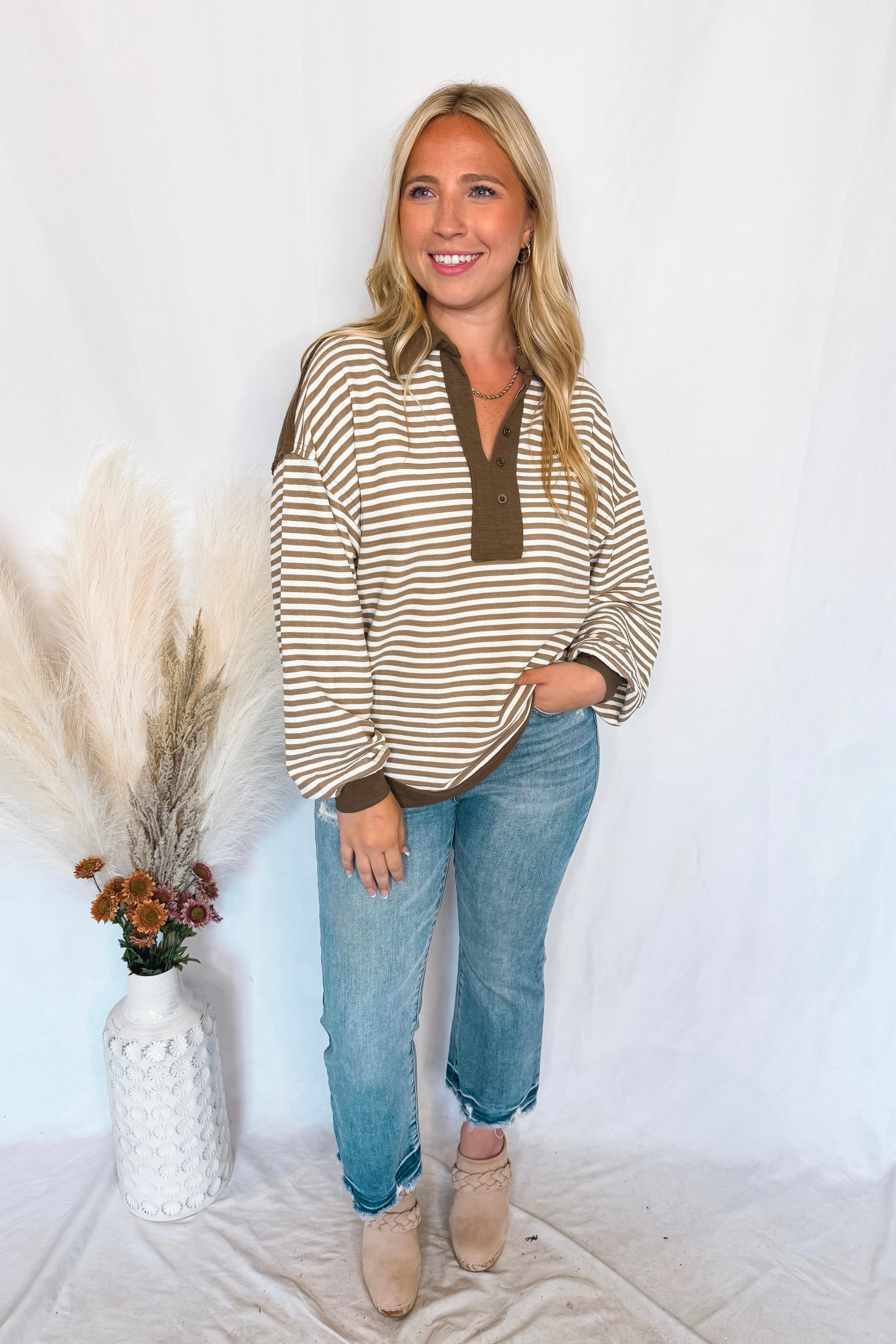 Casual Cocoa Striped Collared Top - Mocha