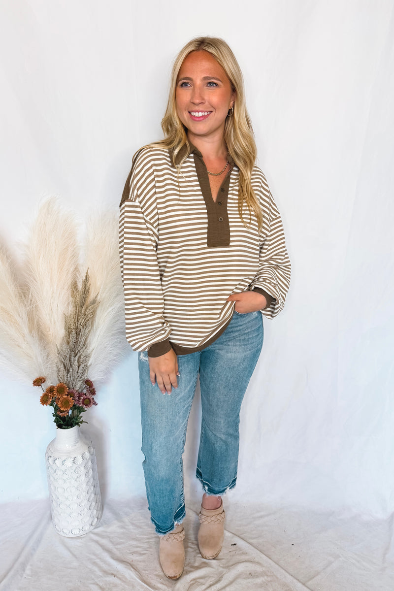 Casual Cocoa Striped Collared Top - Mocha