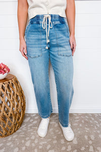 Eliza Crop Patch Pocket Front Tie Risen Jeans - Light Wash