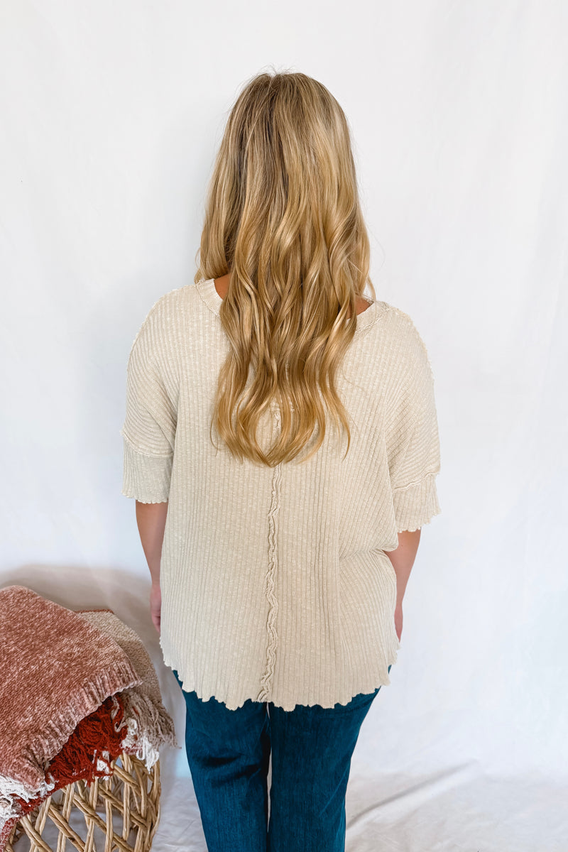 Having Fun Frayed Ribbed Top - Khaki