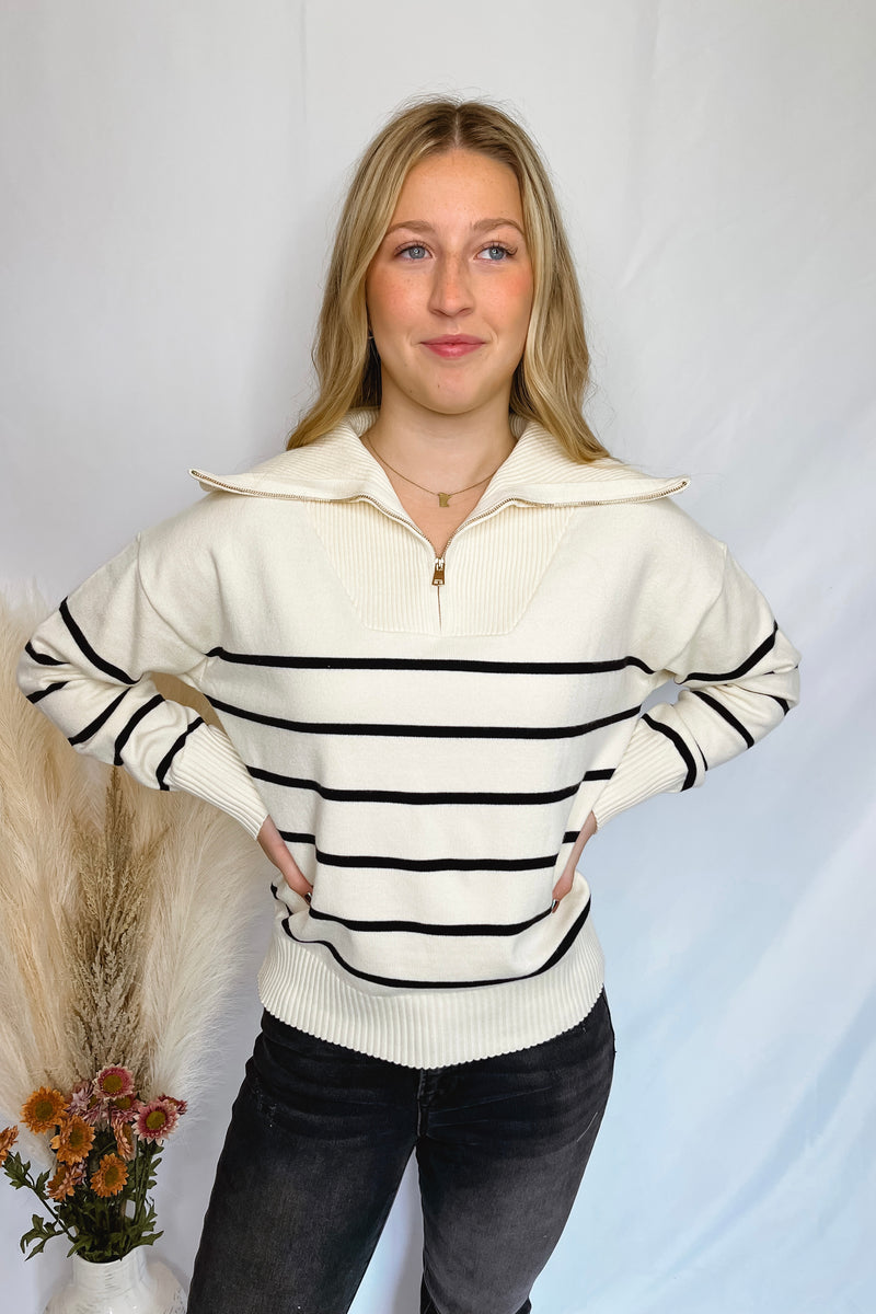 Warm Wishes Striped 1/4 Zip Sweater - Ivory/Black