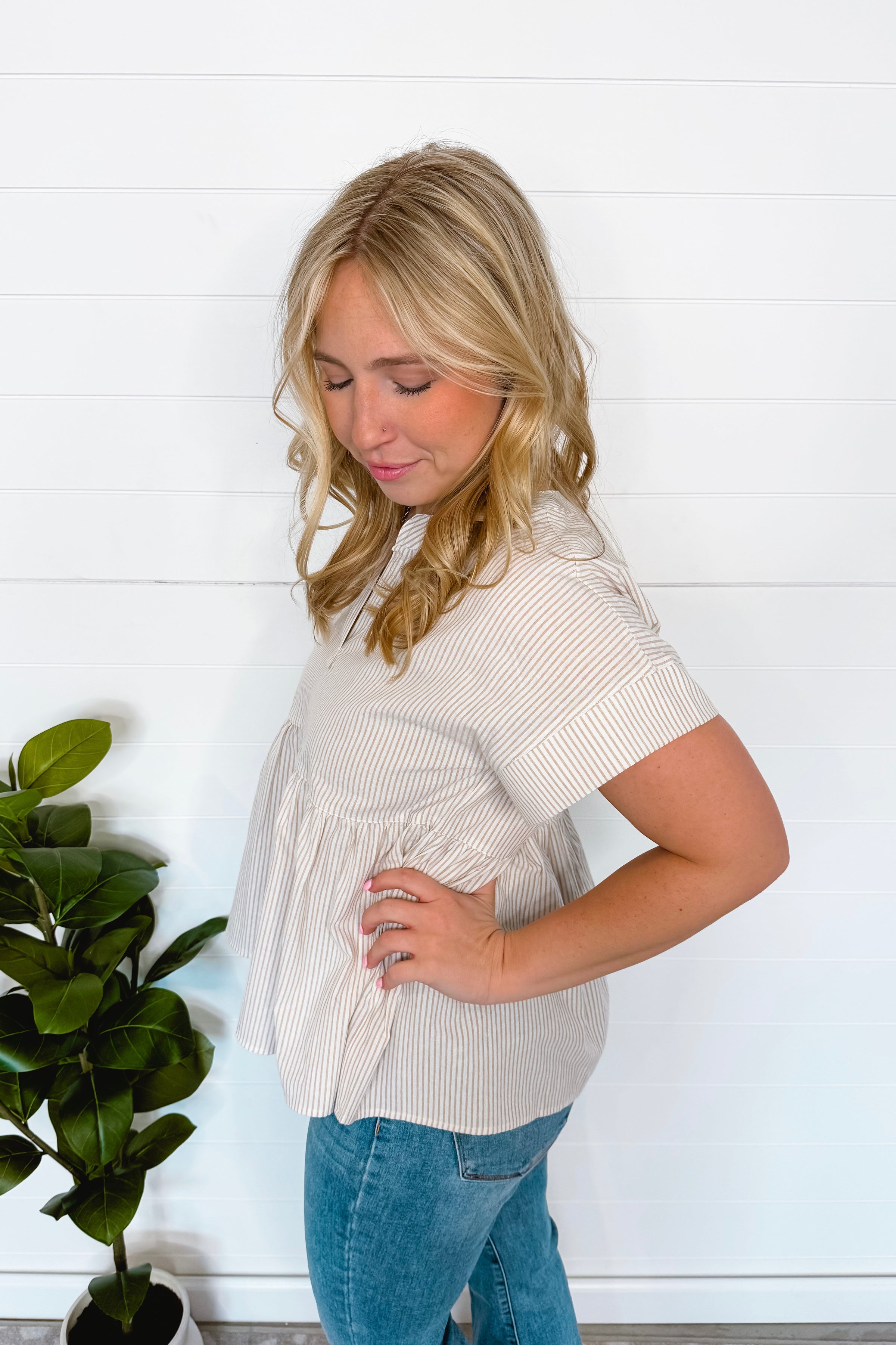Annie Striped Split Neck Peplum Top - Taupe