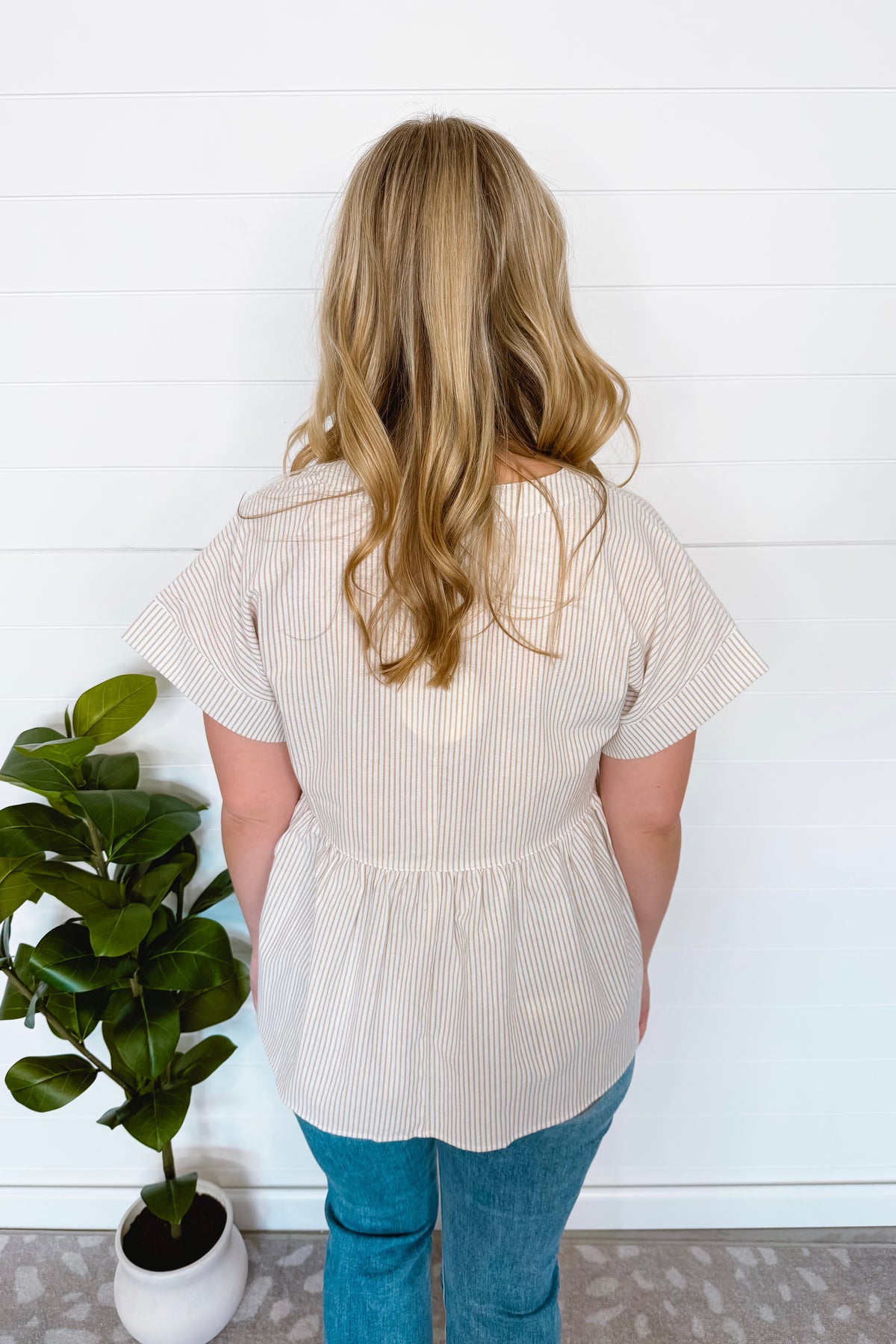 Annie Striped Split Neck Peplum Top - Taupe