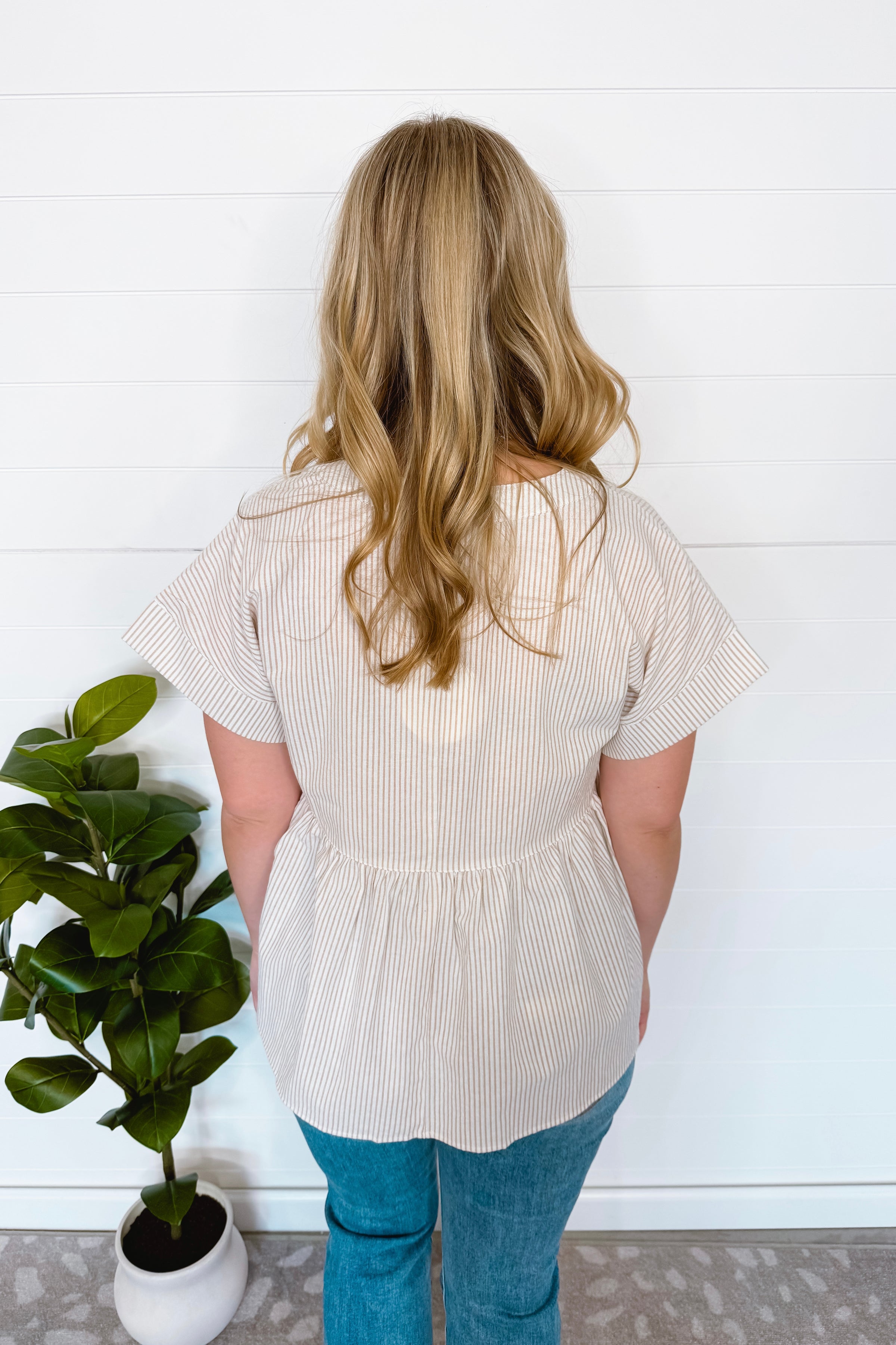 Annie Striped Split Neck Peplum Top - Taupe