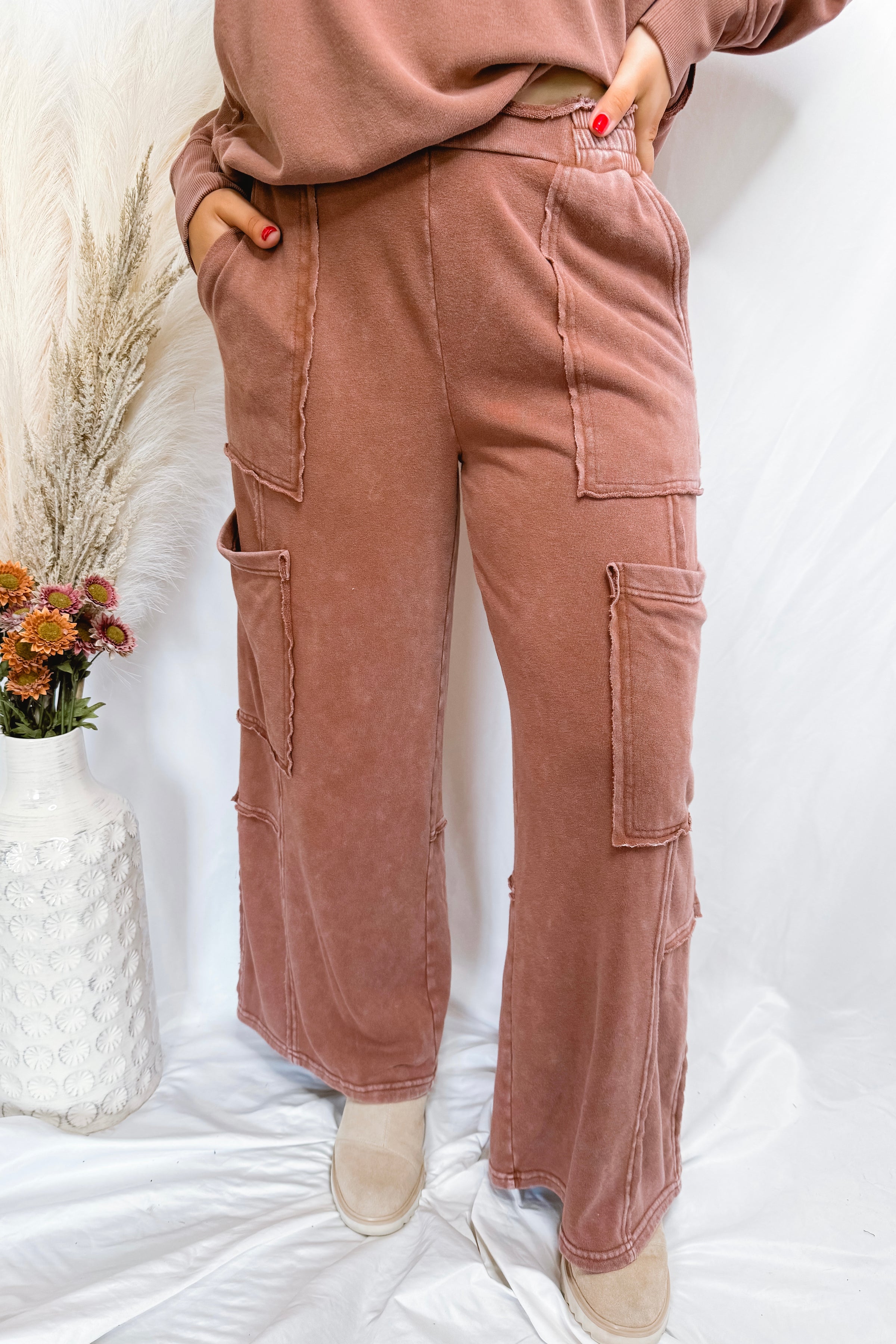 Falling Leaves Wide Leg Mineral Washed Pants - Chestnut