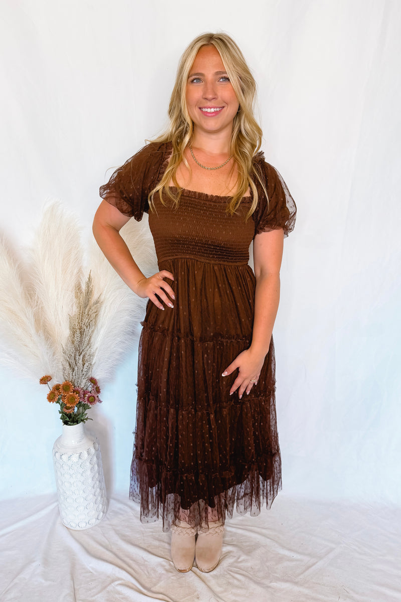 Phoebe Puff Sleeve Tulle Midi Dress - Brown
