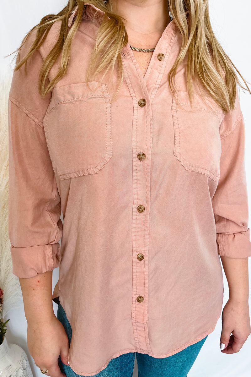 Stay Updated Button Down Top - Dusty Peach