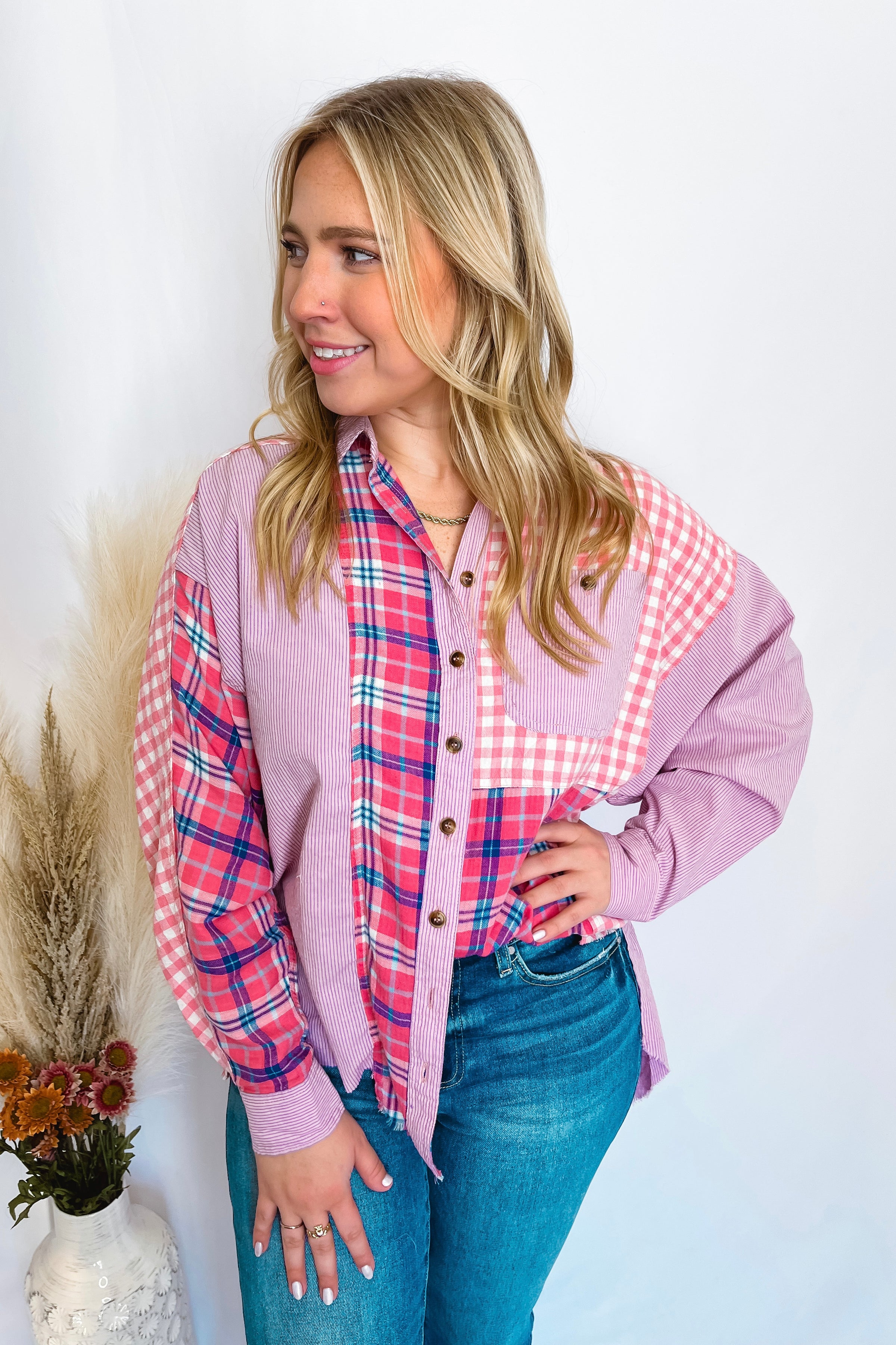 Rosie Oversized Plaid Top - Pink/Lavender