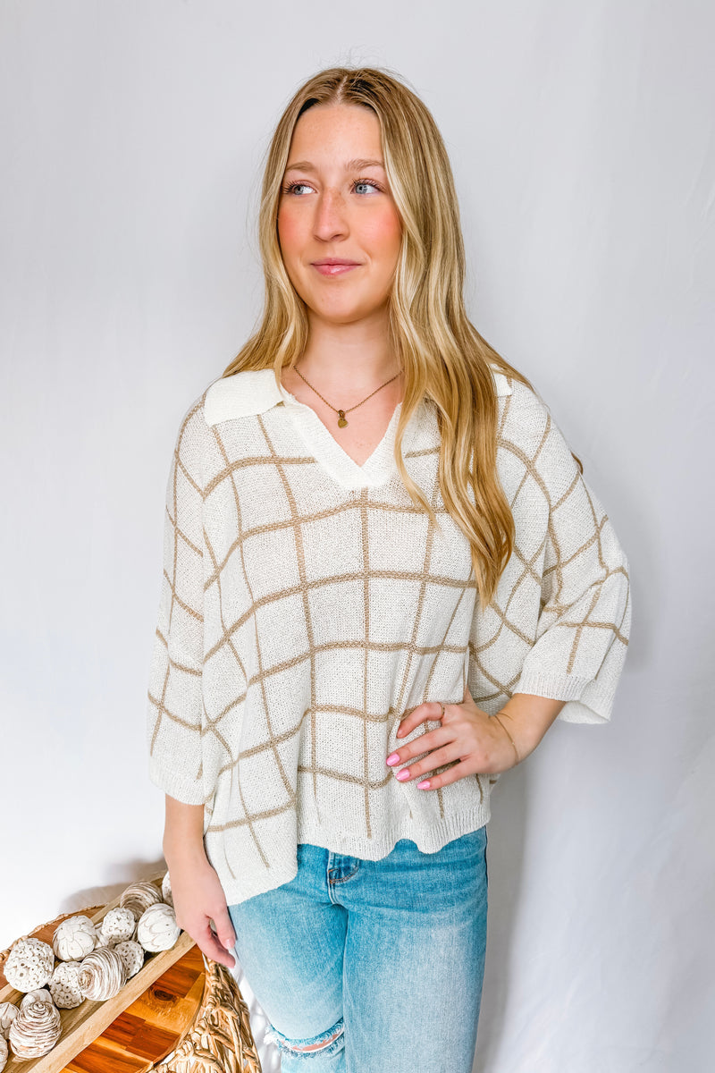 Latte Love Checkered V-Neck Pullover - Ivory/Taupe