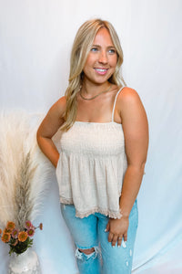 Sunny Charm Fringed Flutter Tank - Oatmeal