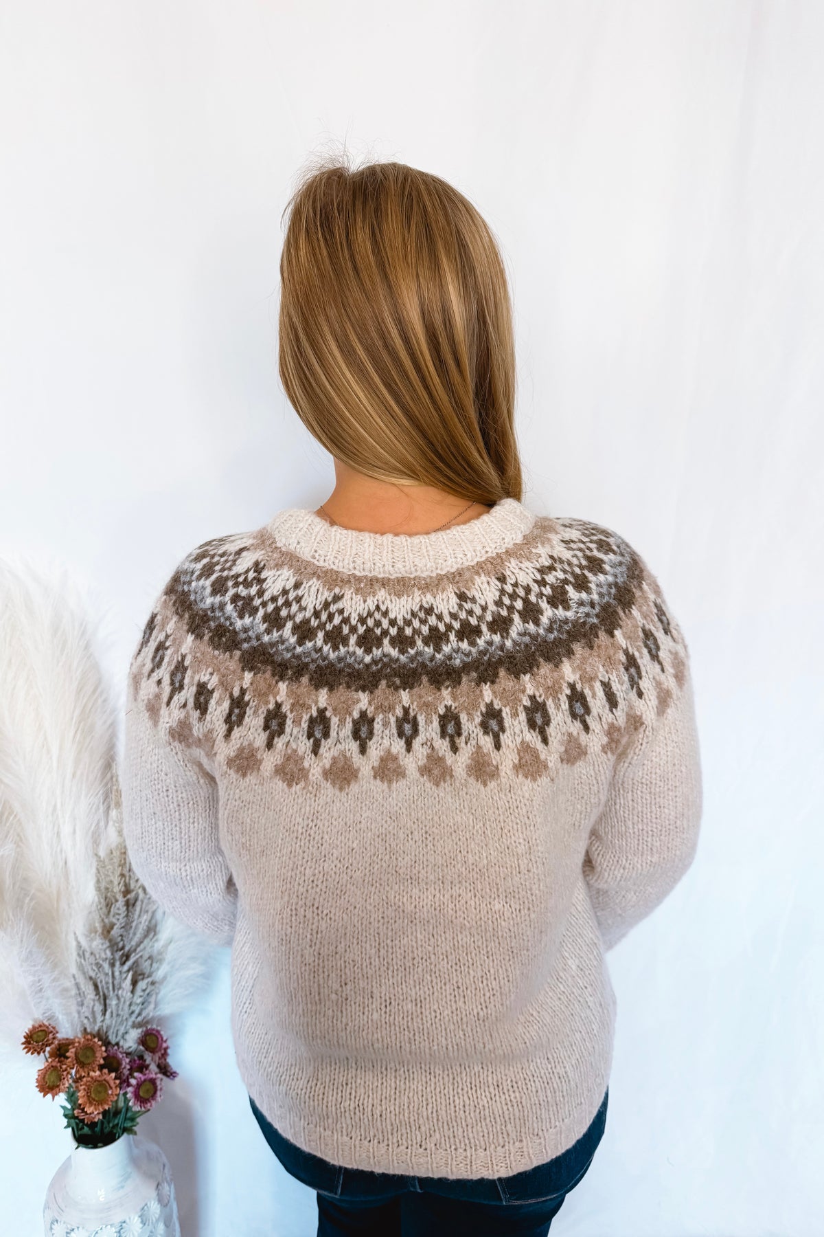 Toasty Warm Fair Isle Crew Knit Sweater - Ivory