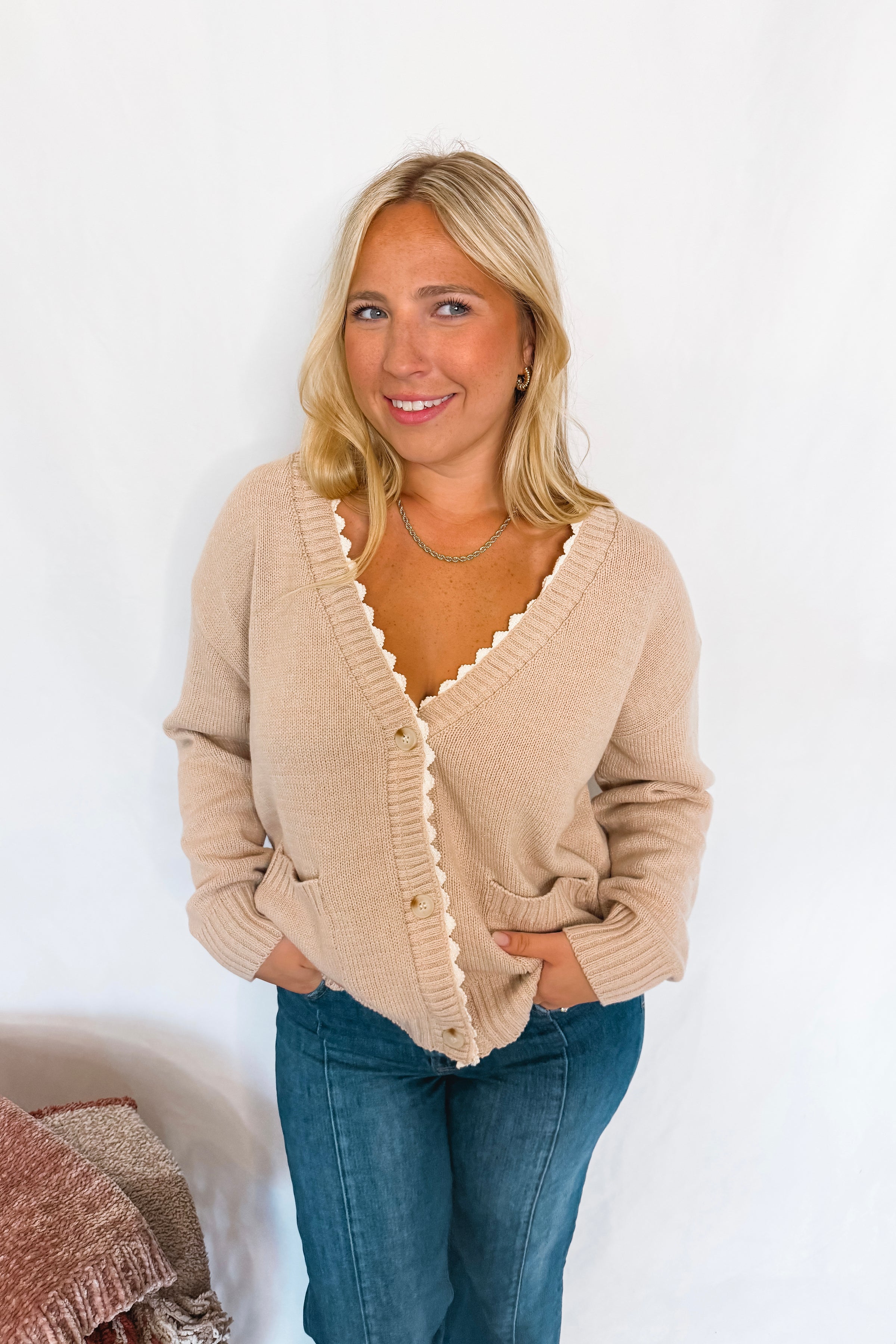 Lacy Days Knit Button Cardigan - Tan