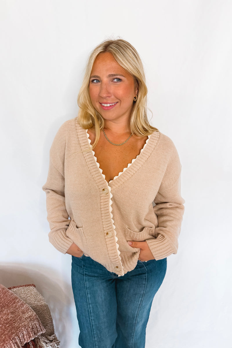 Lacy Days Knit Button Cardigan - Tan