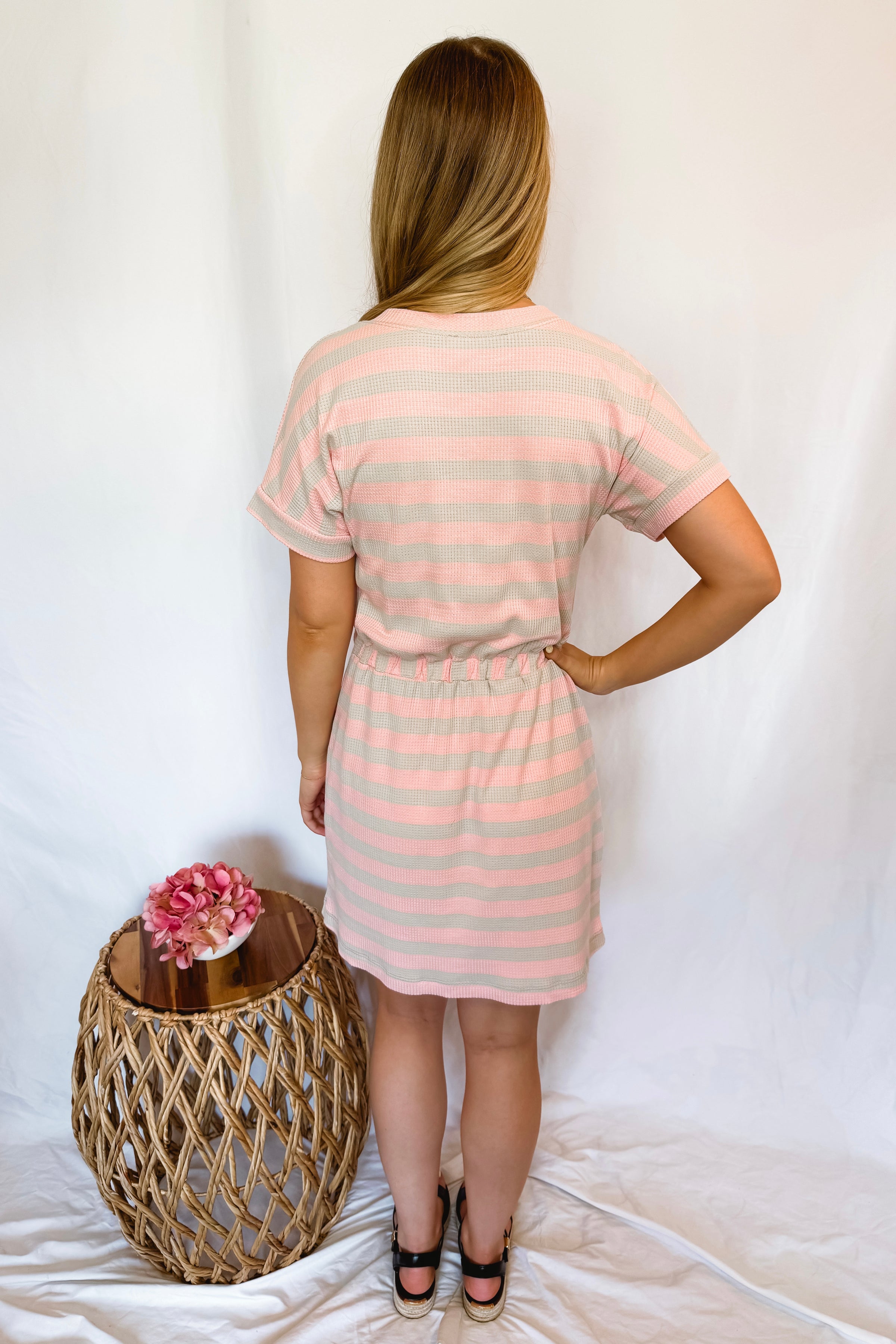 Beside Me Striped Drawstring Mini Dress - Pink/Grey