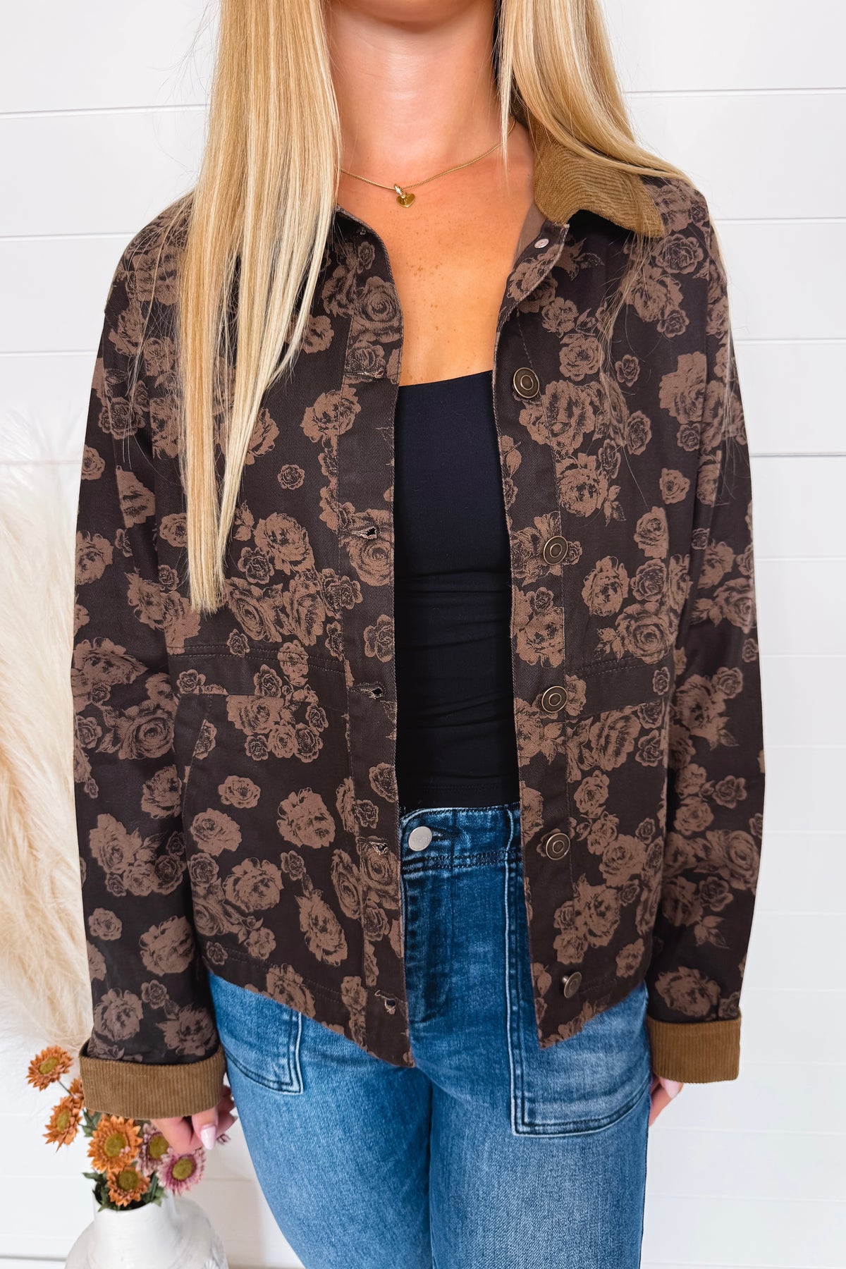 Warm Blooms Floral Denim Jacket - Brown