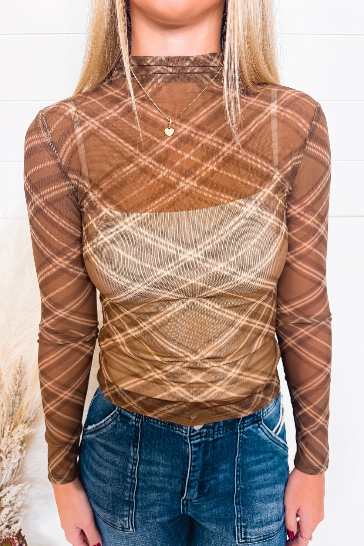 Frankie Mesh Mock Neck Plaid Top - Brown